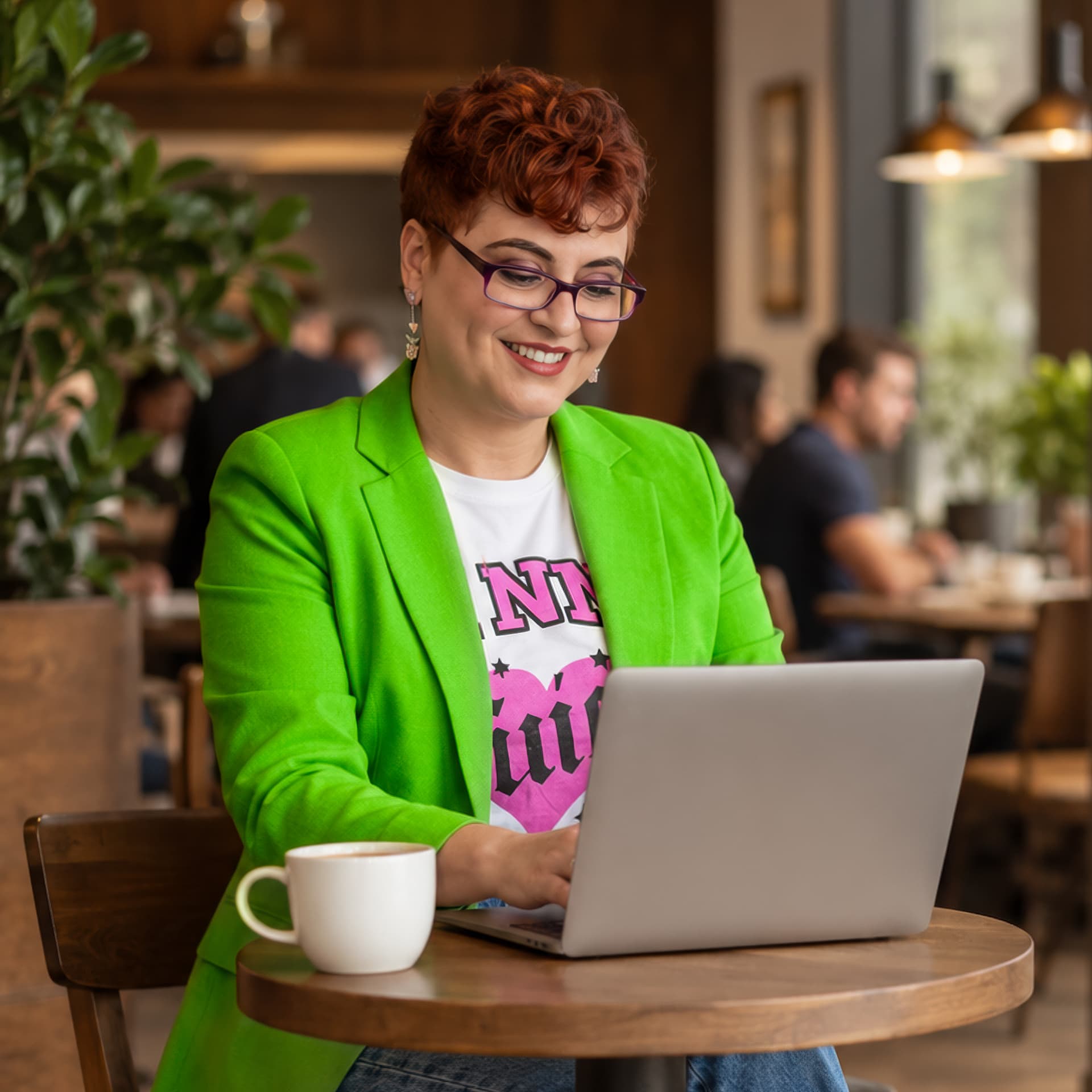 Nadia in a neon-green blazer working on her laptop in a café